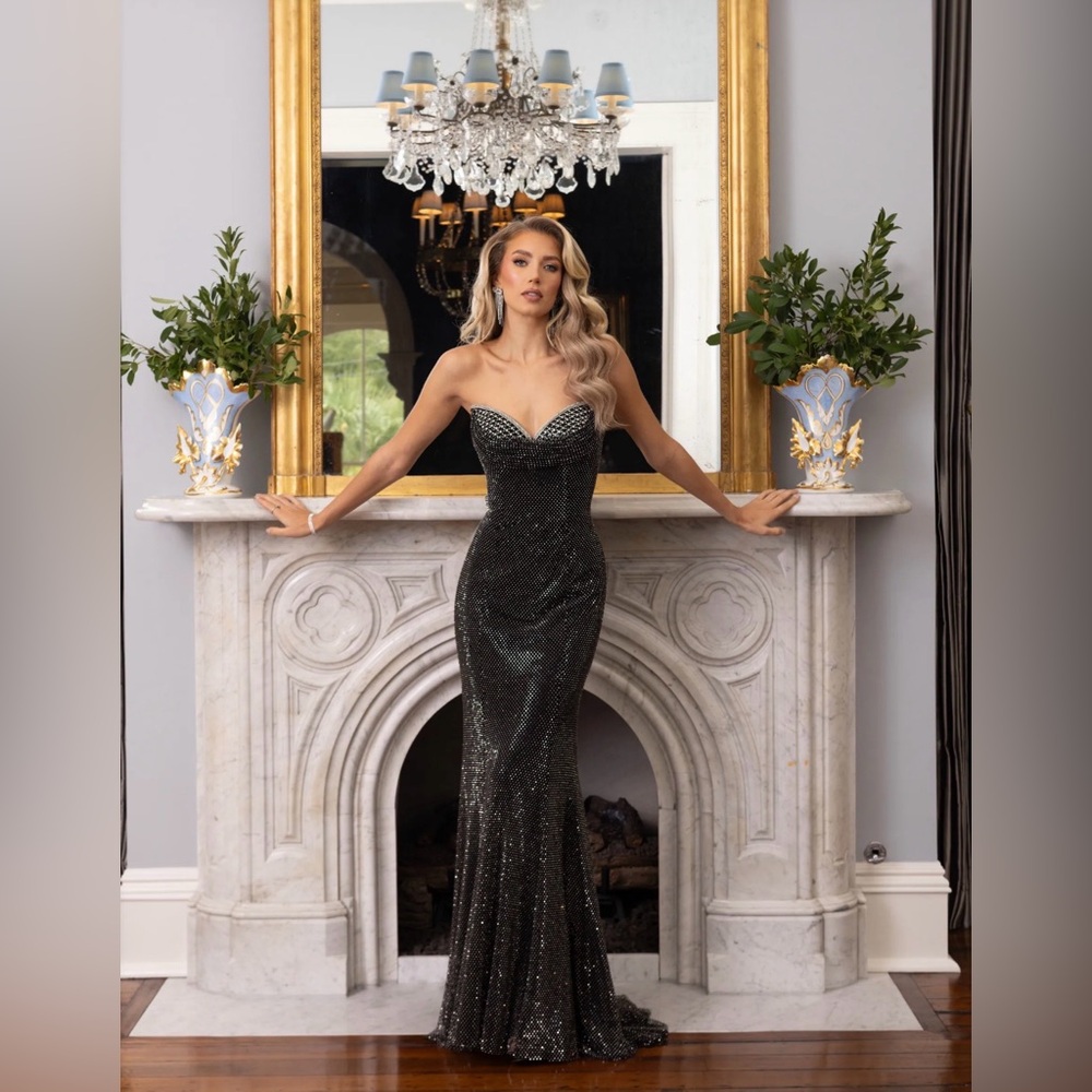 Rachel Allan Sparkling Black Gown with Bow Accent Rachel Allan 70936 - Picture 2 of 7
